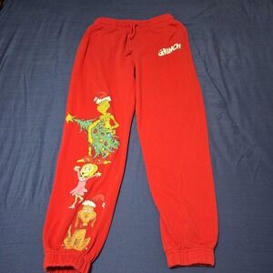 MAD Pants Womens Medium Red Grinch Sweatpants Christmas Cuffed Elastic‎ Waist